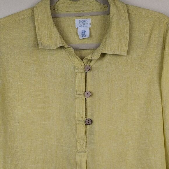 Signed Olsen Yellow Green Linen Roll Tab Sleeves Linen Shirt Size M - Picture 3 of 8
